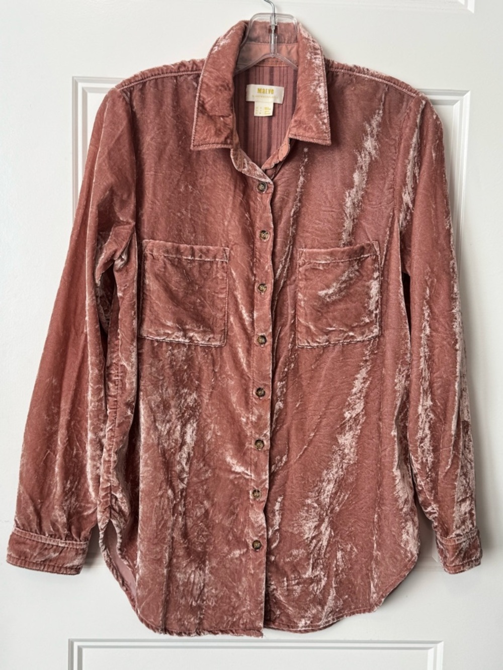 Maeve Anthropologie Crushed Velvet Button Up Shirt Pink Blouse Womens Size 4